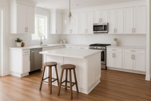 Design Ideas for a Kitchen with Laminate Hardwood Floors and White Cabinets