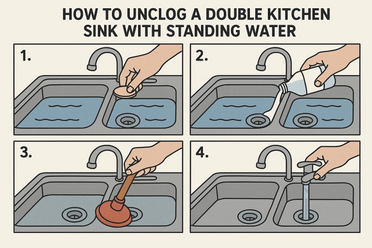 how to unclog a double kitchen sink with standing water