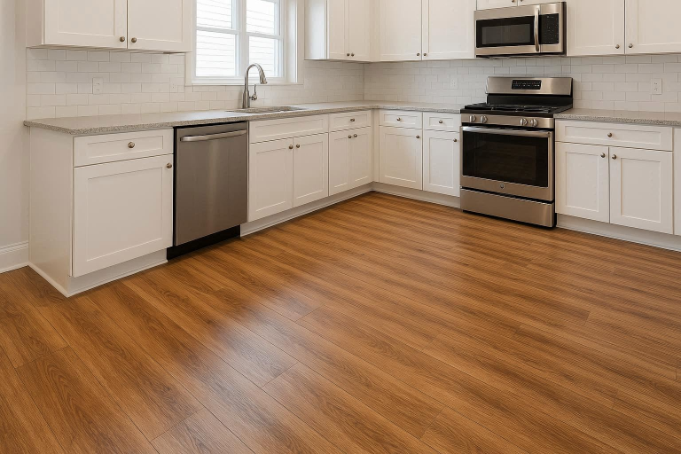 hardwood floor in kitchen with white cabinets