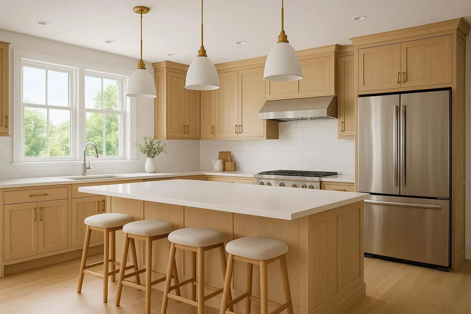 white kitchen with wood cabinets