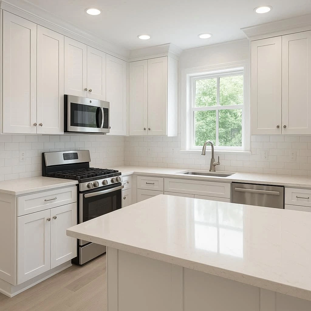 white shaker kitchen cabinets with quartz countertops