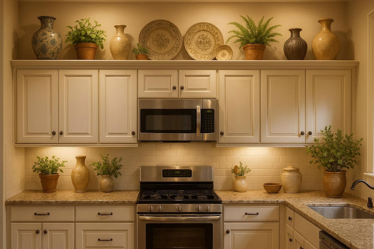 how to decorate top of kitchen cabinets
