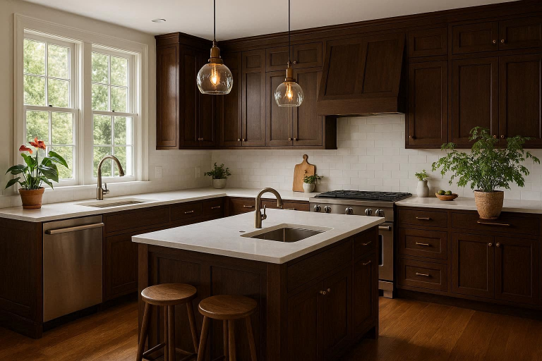 how to lighten a kitchen with dark cabinets
